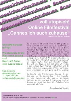 Utopisch! Filmfestival: „Cannes ich auch zuhause“ vom 1. bis zum 3. Mai auf Youtube